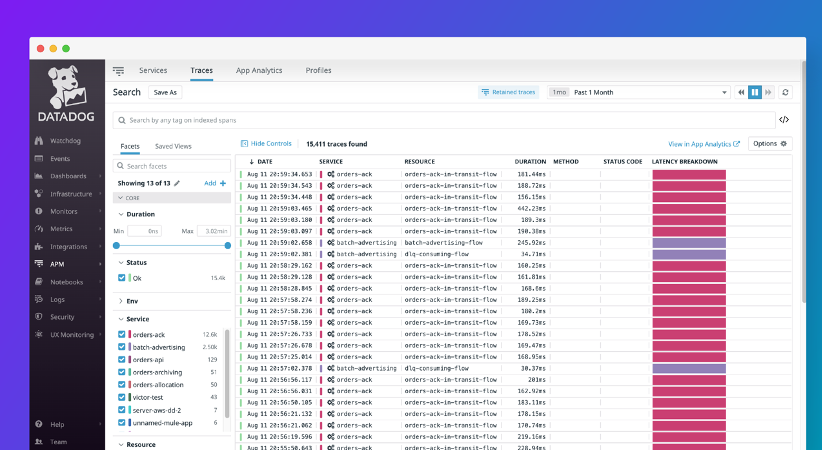 APM dashboard with Mule traces