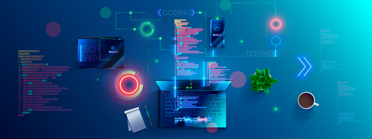 Vectorial concept illustration of software development coding and testing process concept. Programming, cross-platform code testing, app on laptop, tablet, phone. Business technology software.