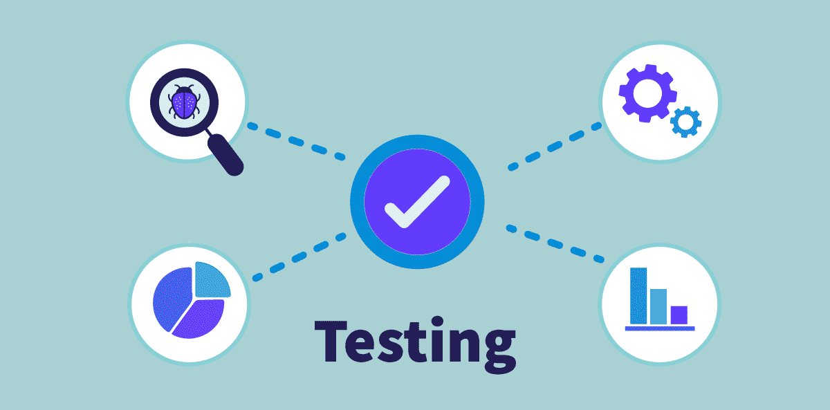 Vector illustration of software testing concepts with icons of charts, analysis, debugging and gears.