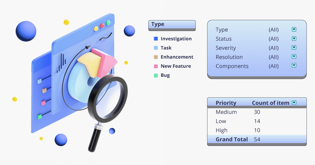 Isometric vector illustration of a project dashboard with a report of bugs, analyzing charts with a magnifying glass. Graphics of type, status, severity, resolution and components. Priority and count of bugs. 