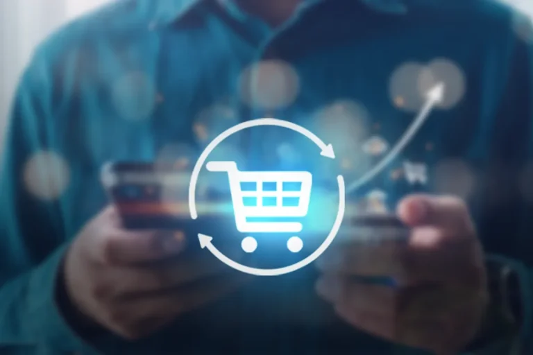 Blurred image of a man holding a mobile phone, resale icon overlay. Shopping cart, online commerce, the concept of online resale.